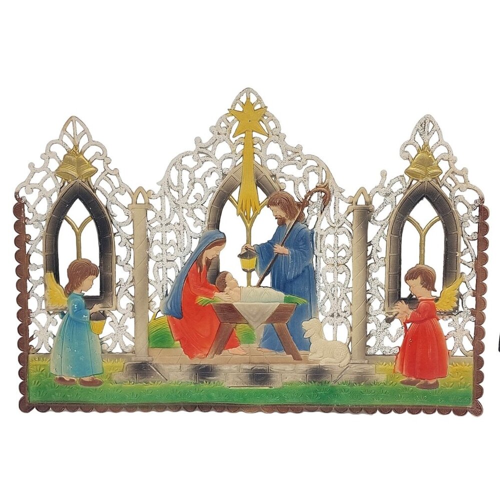 Antique Heavy Embossed Cardboard Nativity Triptych Holy Family Christmas Decor W